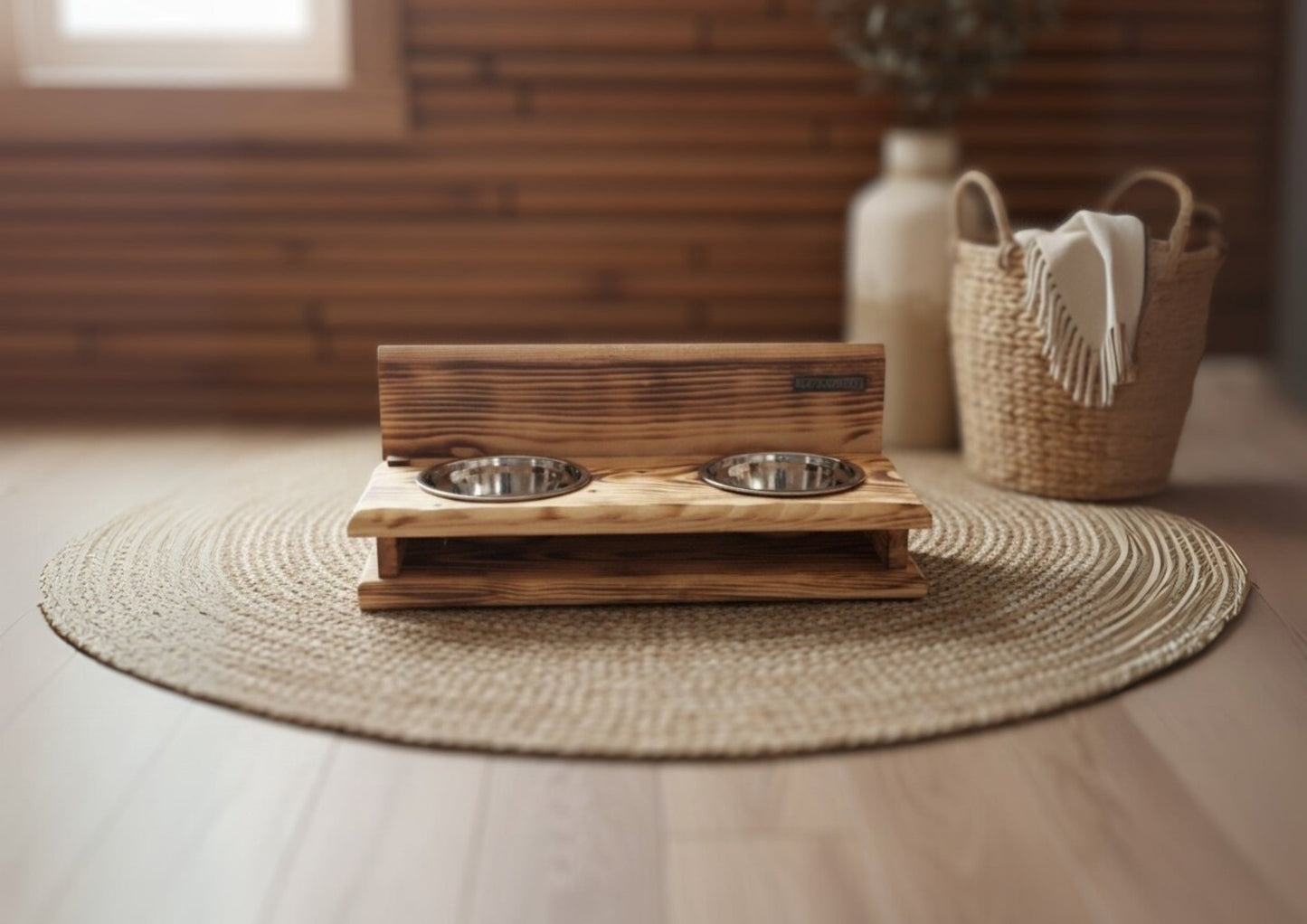 Pine Atelier Duo Feeder — Hand‑Crafted Pine, Stainless‑Steel Bowls | The PetLux Club
