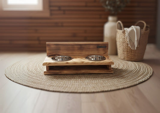 Pine Atelier Duo Feeder — Hand‑Crafted Pine, Stainless‑Steel Bowls | The PetLux Club