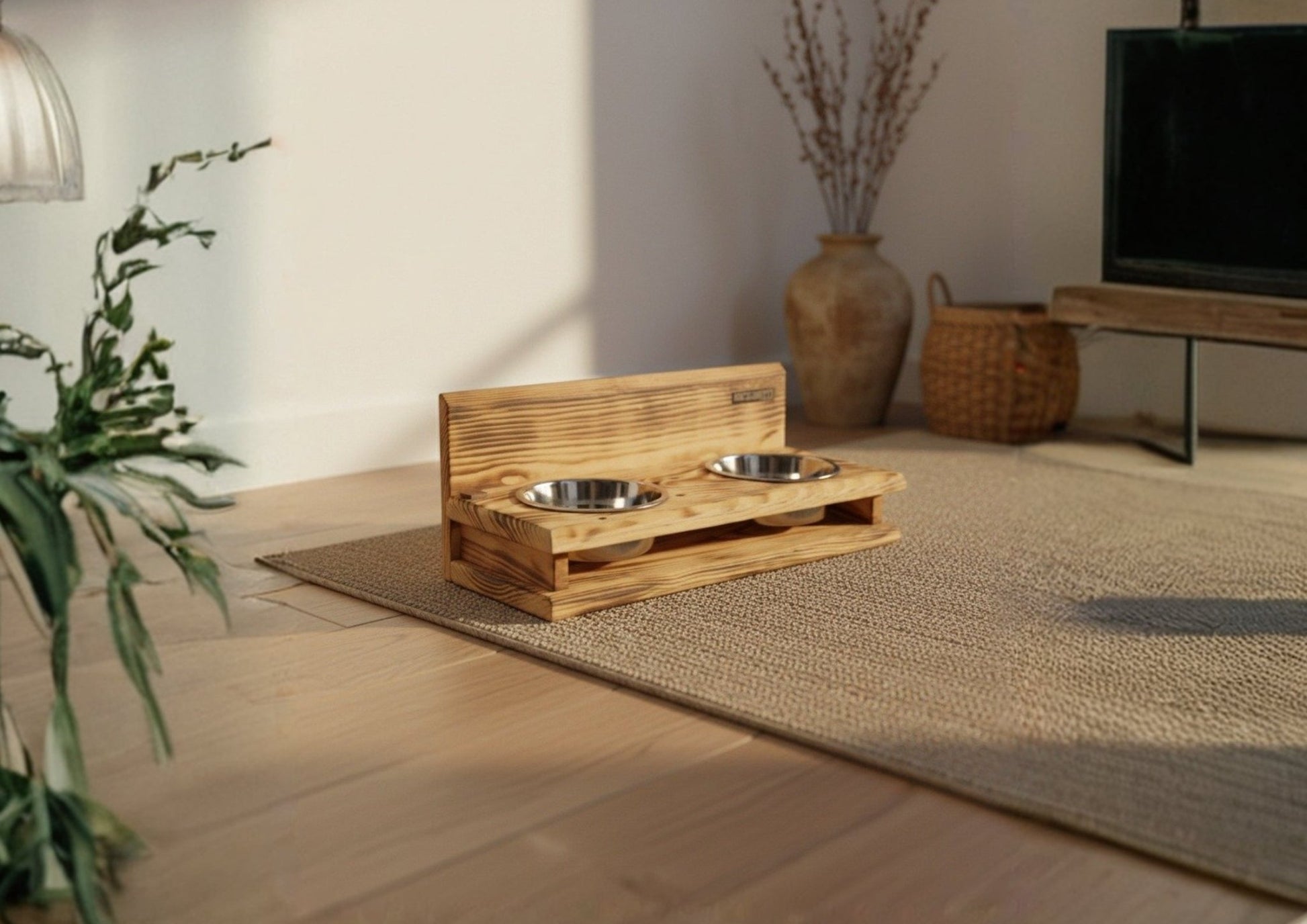 Pine Atelier Duo Feeder — Hand‑Crafted Pine, Stainless‑Steel Bowls | The PetLux Club