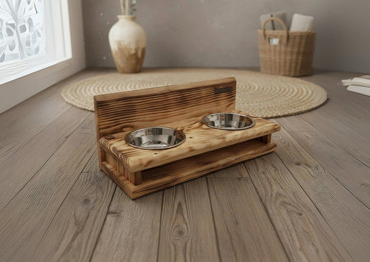 Pine Atelier Duo Feeder — Hand‑Crafted Pine, Stainless‑Steel Bowls | The PetLux Club